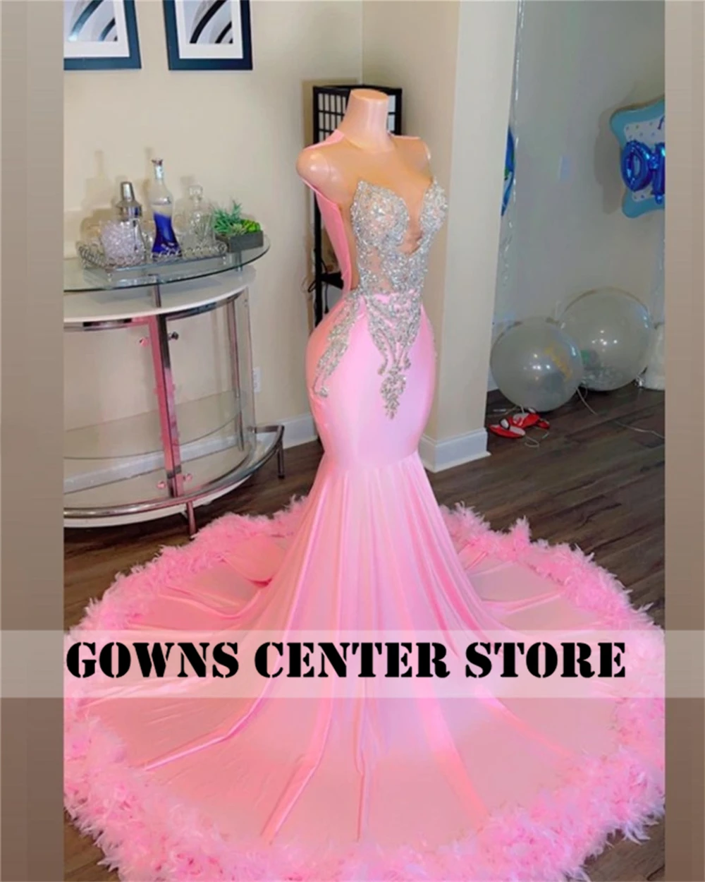 Sweety Pink Feathers Mermaid Prom Dresses 2024 For Black Girls Sliver Crystal Beaded Cocktail Gowns Sexy Sparkly Customized image 2