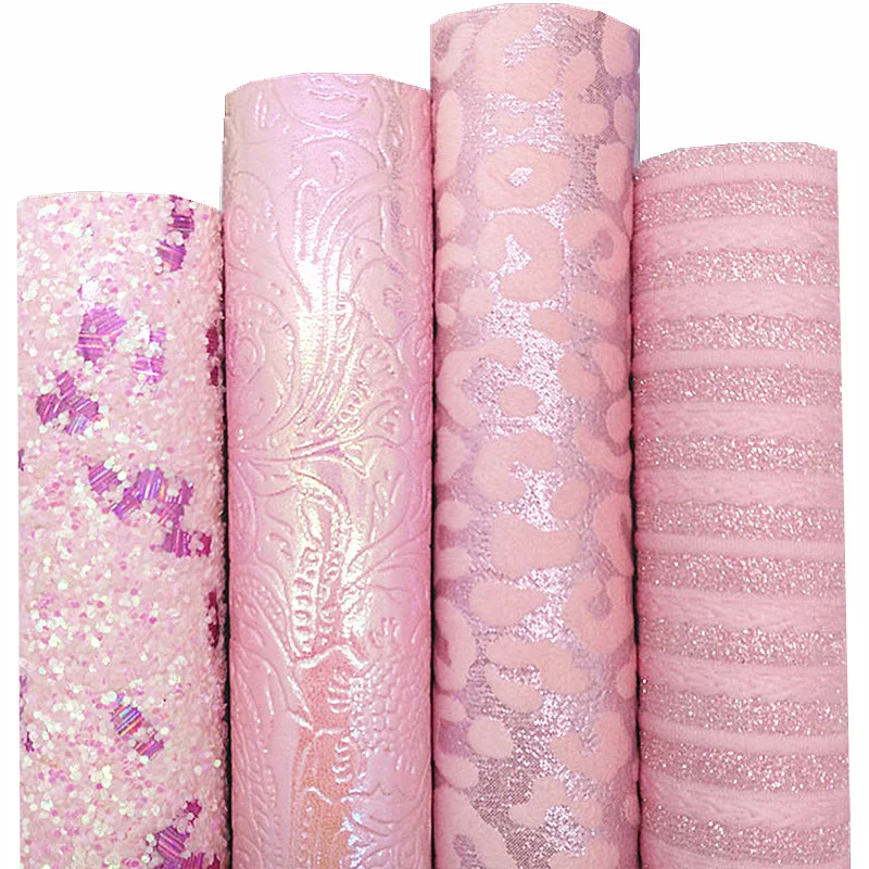 4PCS/SET Pink Chunky Glitter Leather Sheets Leopard Custom Glitter Fabric JELLY Leather Crocodile Faux For Bows DIY 21x29CM