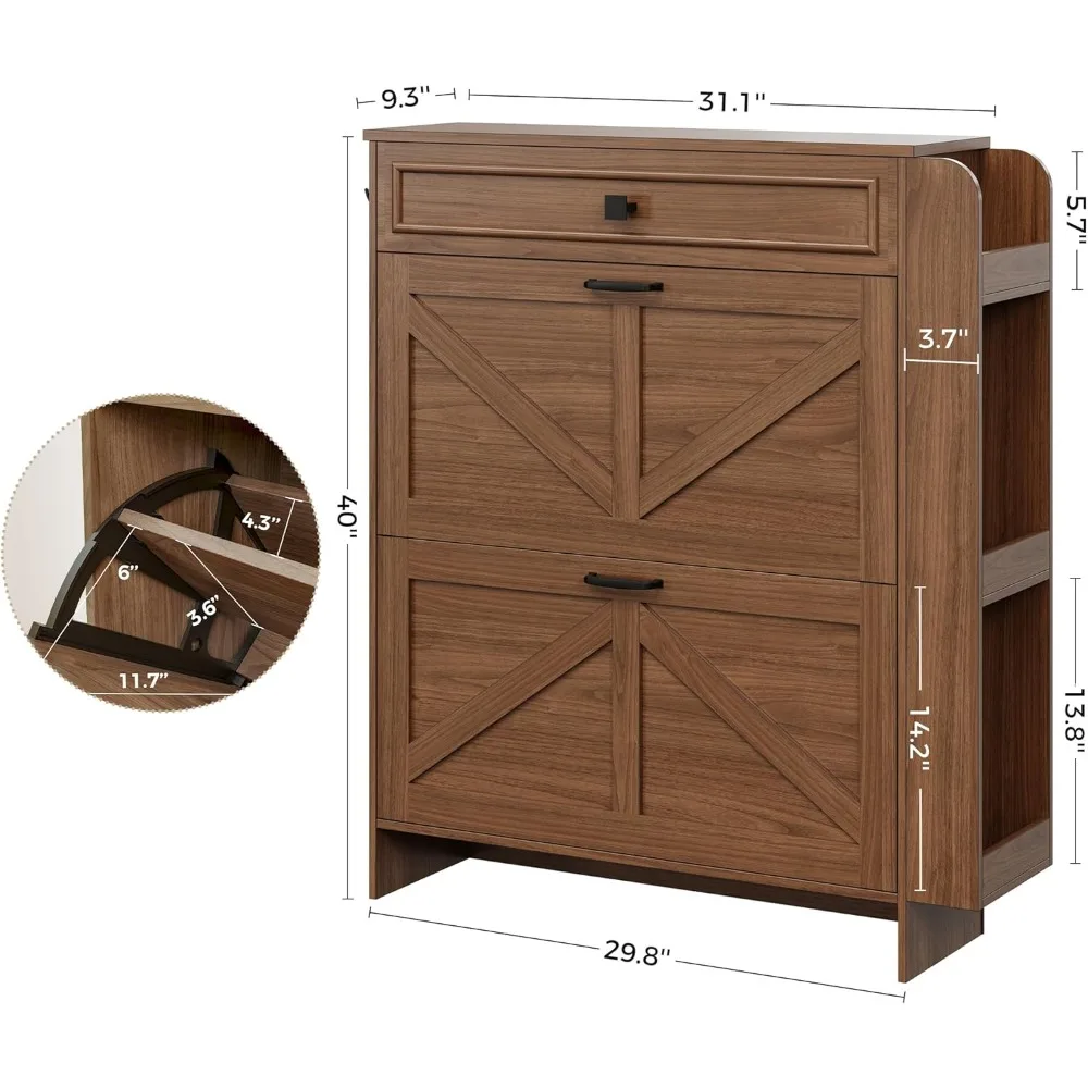IRONCK Shoe Storage Cabinet with 2 Flip Drawers & Barn Door Design, Freestanding Shoe Cabinet Organizer with Drawer and Shelves