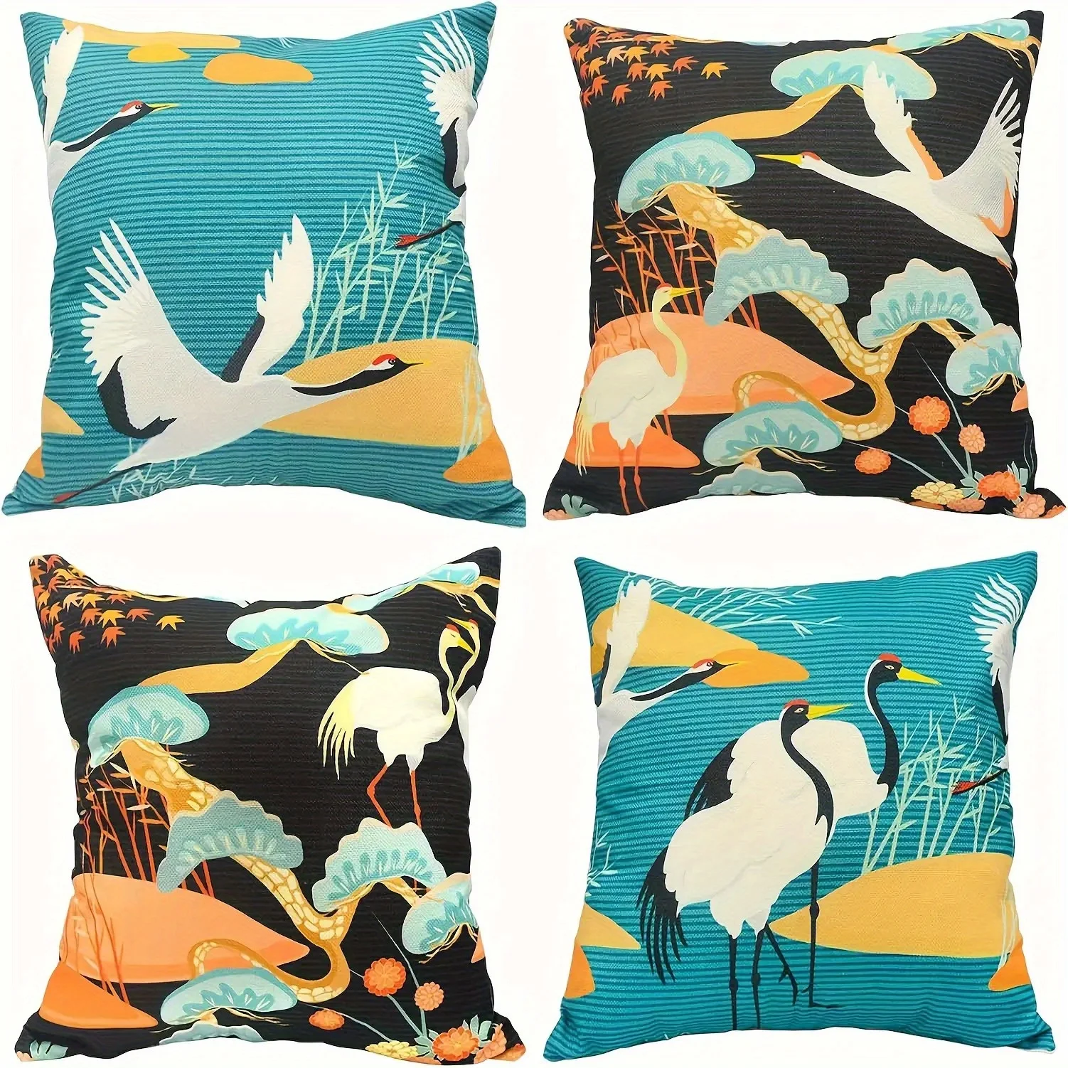 Japanese Crane Pine Pillow Covers, Teal Black Floral Decorative Throw Pillow Cases, Oriental Home Decor for Sofa Bed, No Insert