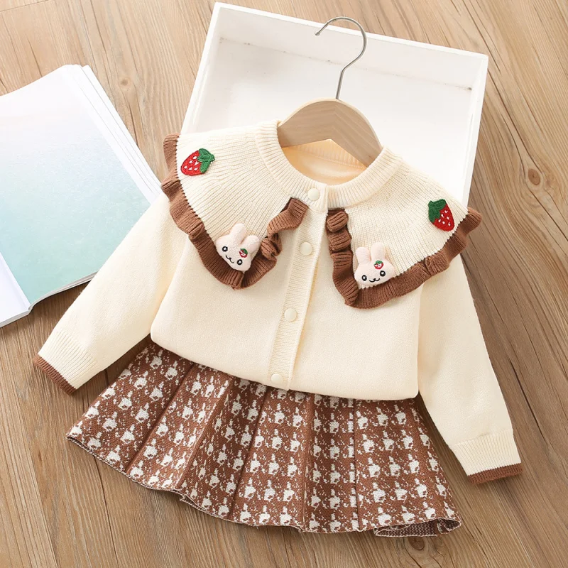 Girls Sweater Set Autumn Winter New Cute Rabbit Children Stylish Strawberry Knitted Cardigan Dress Set