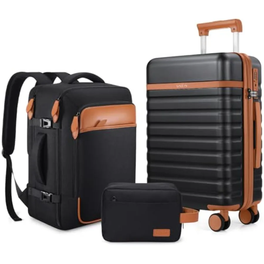 

UKEIN 3 Piece Carry On Luggage Set with Spinner Wheels PC Hardside Suitcase Set in Black for Men Durable Travel Backpack with T