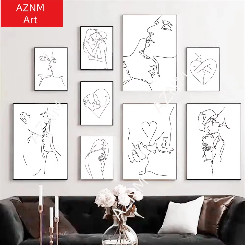 1PC Black And White Line Drawing Couple Kiss Canvas Prints Heart Art Painting Hand In Hand Poster Minimalist Pictures Home Decor