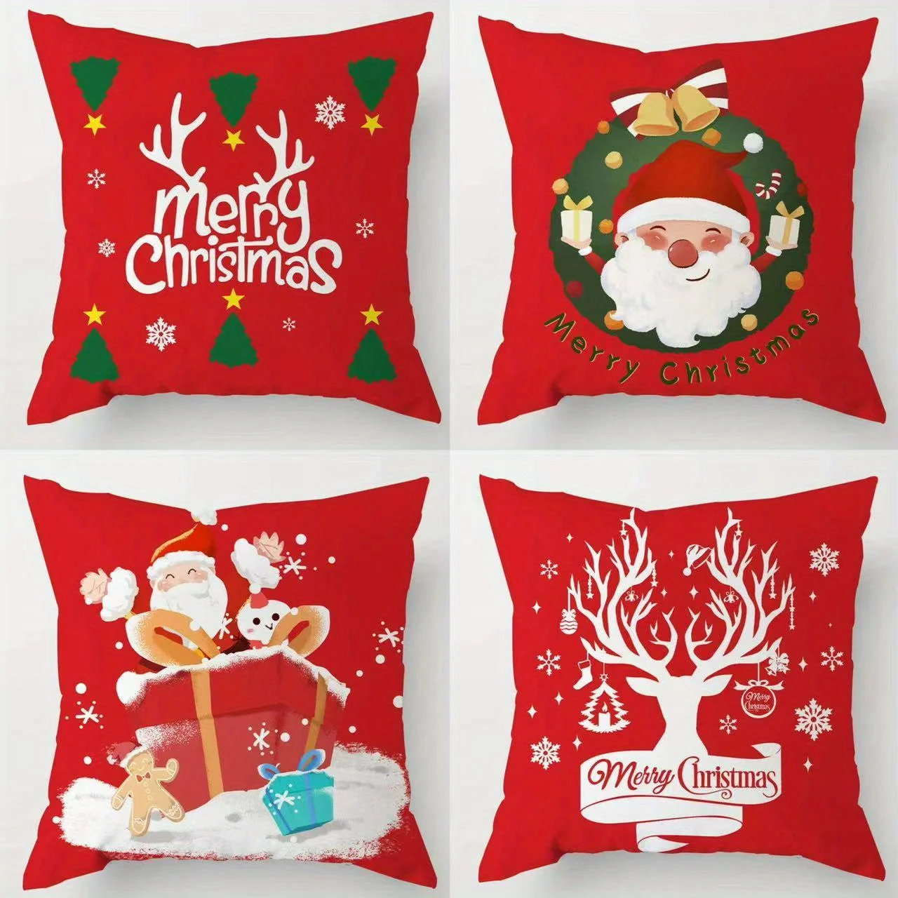 4-Pack Festive Christmas Throw Cushion Covers Woven Linen, Contemporary Style Santa Snowman Reindeer Tree Patterns