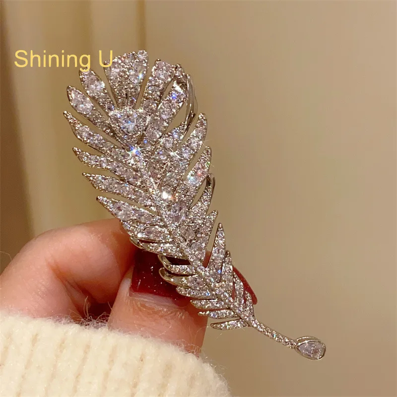 

Shining U Full Zircon Gems Feather Brooch for Women Men Fashion Overcoat Accessory Gift