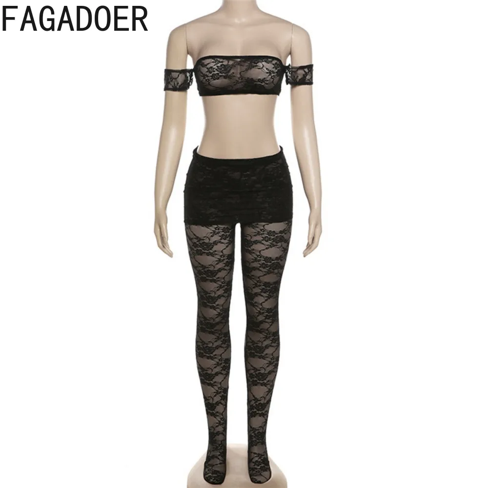 FAGADOER Sexy Lace Perspective Hollow Out Two Piece Sets Women Off Shoulder Short Sleeve Crop Top And Skinny Pants Outfits 2024