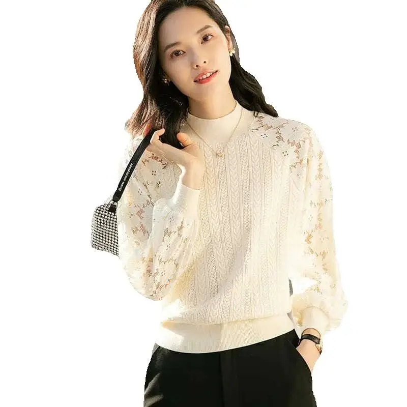 

Womens Sweater Long Sleeve Shirt O-Neck Lace Tops Business Casual Blouses Tee Trendy 2025 Fall Fashion Outfits Clothes