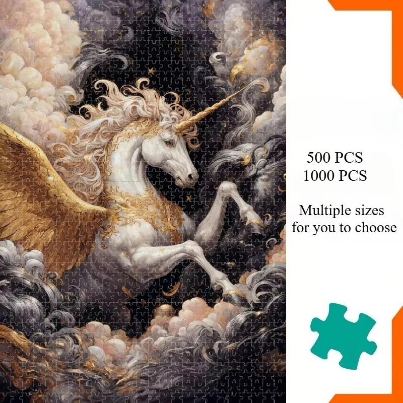 Jigsaw Puzzle 500/1000 Pieces Golden Winged Unicorn Paper Puzzles Adult Present Portable Box for Family Games Educational Toys