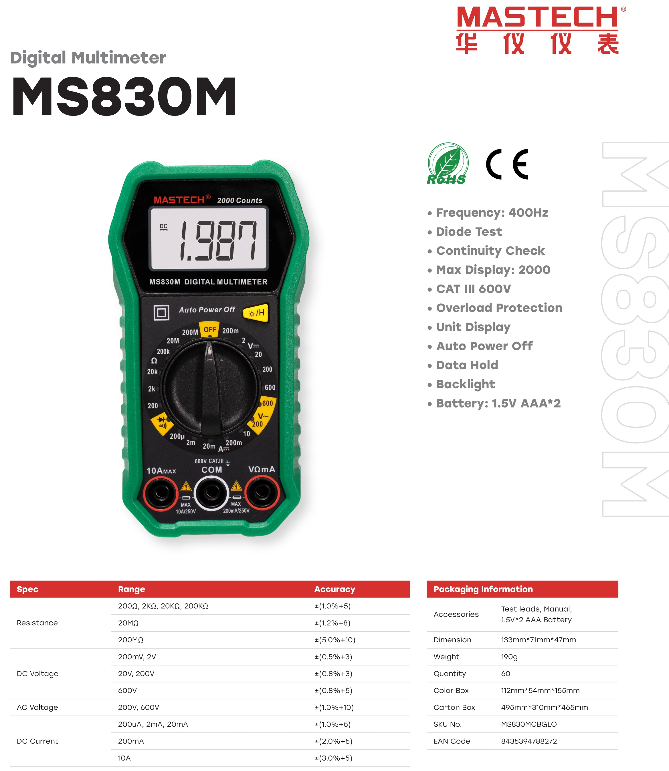 MASTECH MS830M Digital Multimeter AC/DC Voltmeter Current Diode Triode Meter Tester Resistance Electronic Test Tools