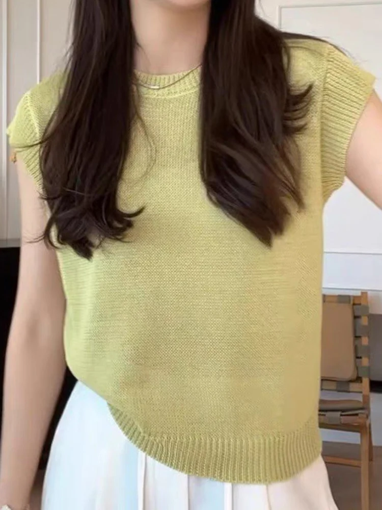 

Summer Casual round Ne Pure Color Linen Knitted Svel Vest Women's Loose Fit Overalls Slimming Top Outerwear