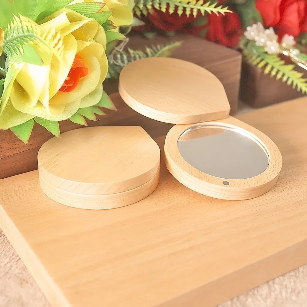 Portable Foldable Wood Makeup Mirror Rotatable Handheld Rotating Cosmetic Mirror Magnetic Closure Pocket Mirror Outdoor