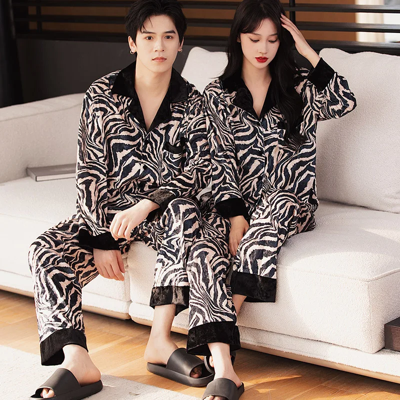 

Autumn Striped Velvet Couple Sleepwear Pajamas Set Thick Velour Long Sleeve Shirt Trouser Pijama Suit Homewear