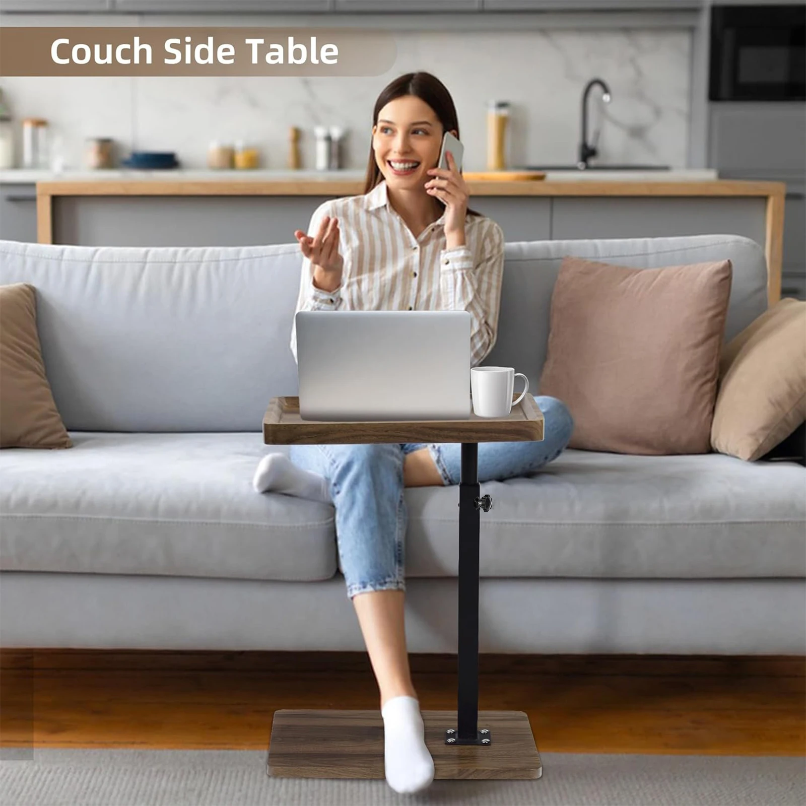 طاولة نهاية قابلة للتعديل بارتفاع 360 درجة، طاولات أريكة دوارة للتلفاز، طاولات جانبية مع عجلات لكرسي الأريكة والسرير والوجبات الخفيفة #5