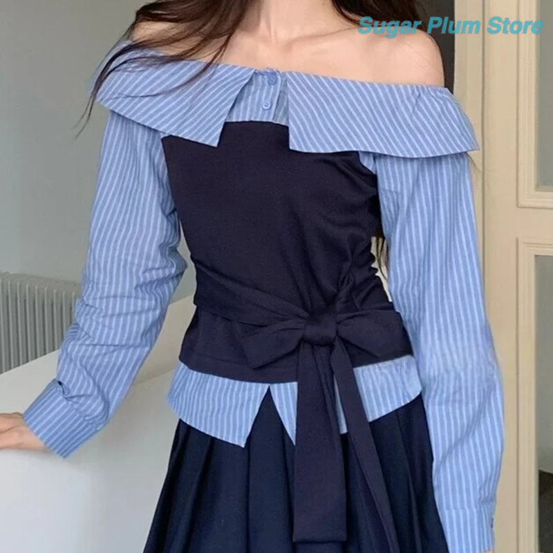 Sweet Wind Girl Autumn New Loose Off-the-shoulder Shirt Striped Color Matching Bow Strap Soft Breathable Fresh Dating Trend Top.