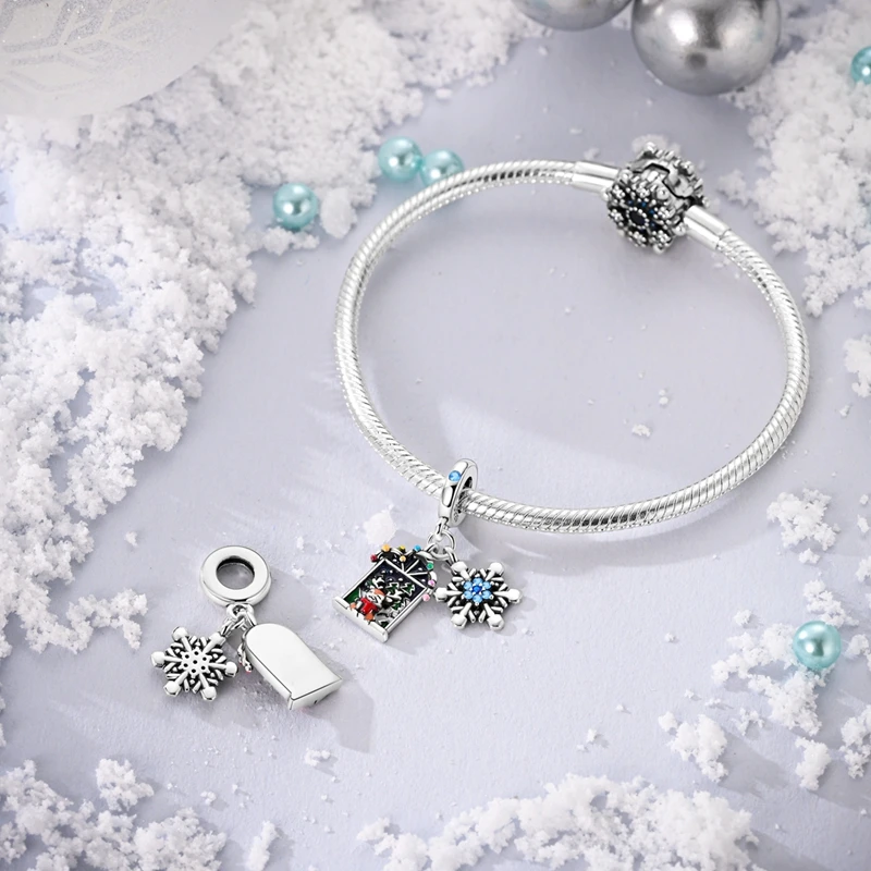 100% 925 Sterling Silver Snowman Penguin Fireplace Warm Winter Series Charms Beads 3mm DIY Fine Jewelry Making