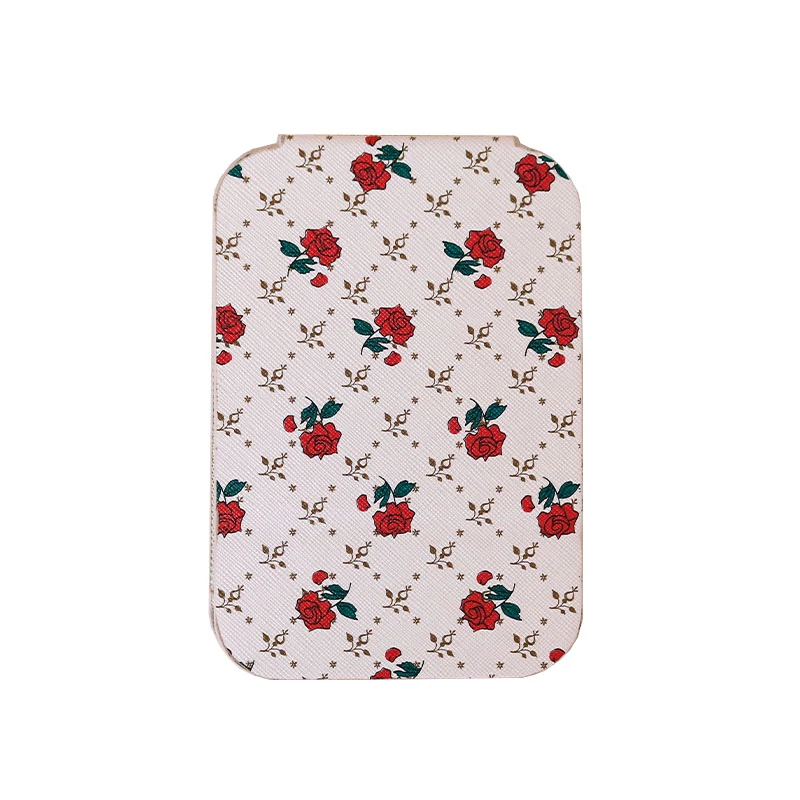 Espejo de maquillaje portátil de mano, espejo de bolsillo compacto y plegable para estudiantes, espejo de maquillaje de escritorio, cuero PU Floral Simple