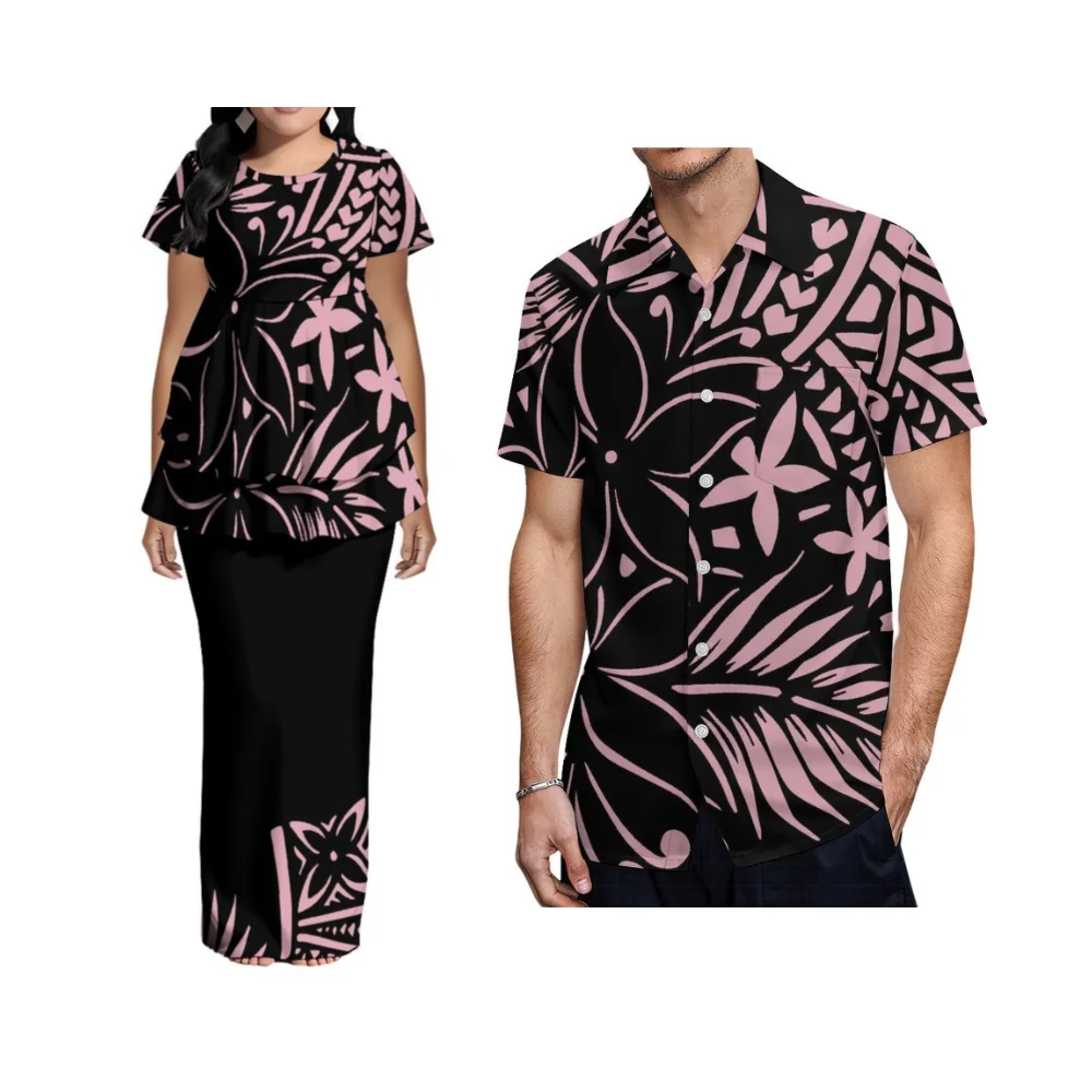 Verão polinésia feminino de manga curta em torno do pescoço cintura cinched bainha dupla camada terno vestido samoan personalizado roupas de casal