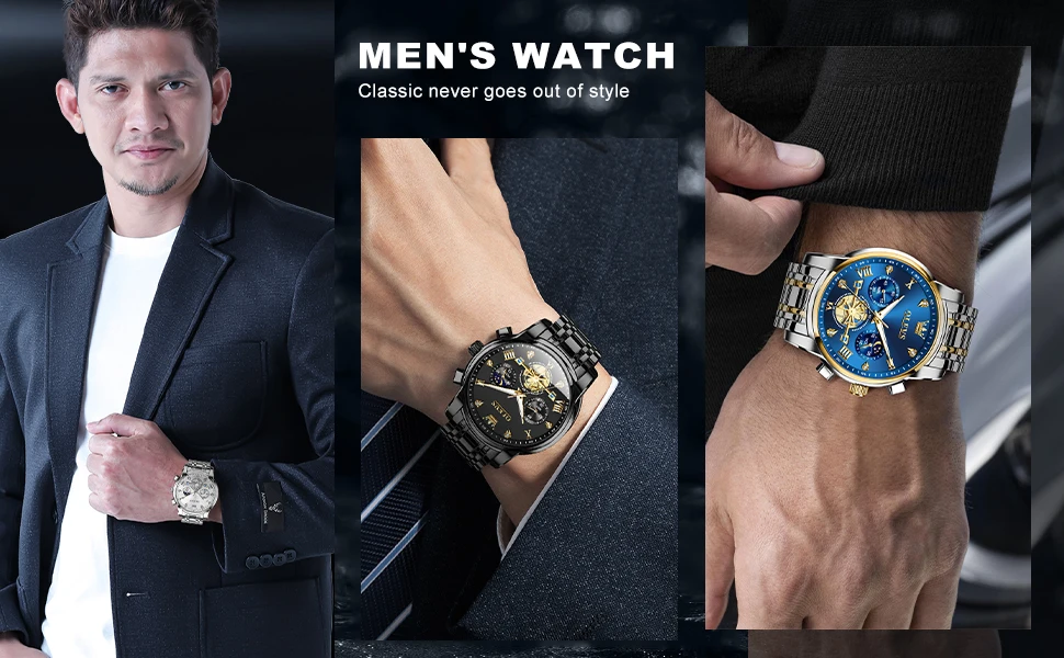OLEVS 2856 Quartz Watch for Men Flywheel Skeleton Chronograph Moon Phase Multifunctional Stainless Steel Men's Wristwatches