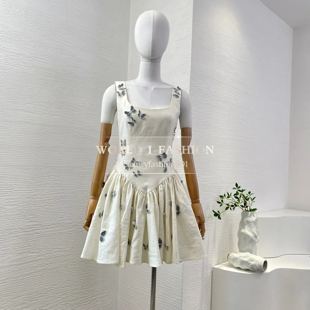 

Pure Linen Beige Butterfly Appliqued Sleeveless Pleat Mini Dress 2025 Spring