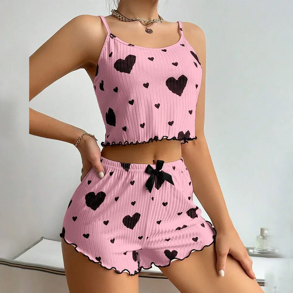 Damen Hosenträger Pyjama Set Sommer ärmellose Top Shorts Nachtwäsche 2 Stück Set für Frauen Homewear Casual Heart Print Anzug