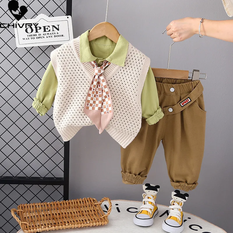 New 2023 Kids Spring Autumn Solid V-neck Knit Vest Lapel Shirt with Casual Pants Baby Boys Fashion Three-piece Clothing Sets