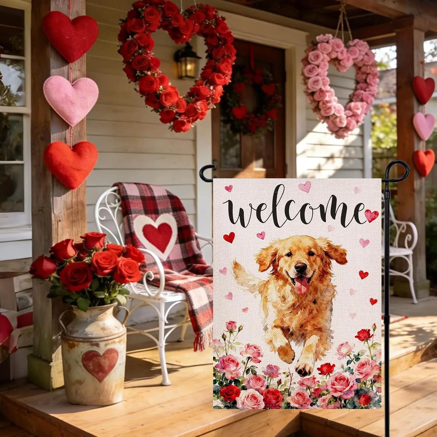 Valentine's Day Dog Garden Flag 12.5x18 Inch Golden Retriever Love Hearts Double Sided, Anniversary Wedding Yard Outdoor WWP zzo