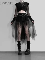 INSCUTEE Mall Goth Irregular Mesh Skirt Women Streetwear Harajuku Grunge High Waist Skirt Y2k E-girl Emo Alternative Sexy Skirt