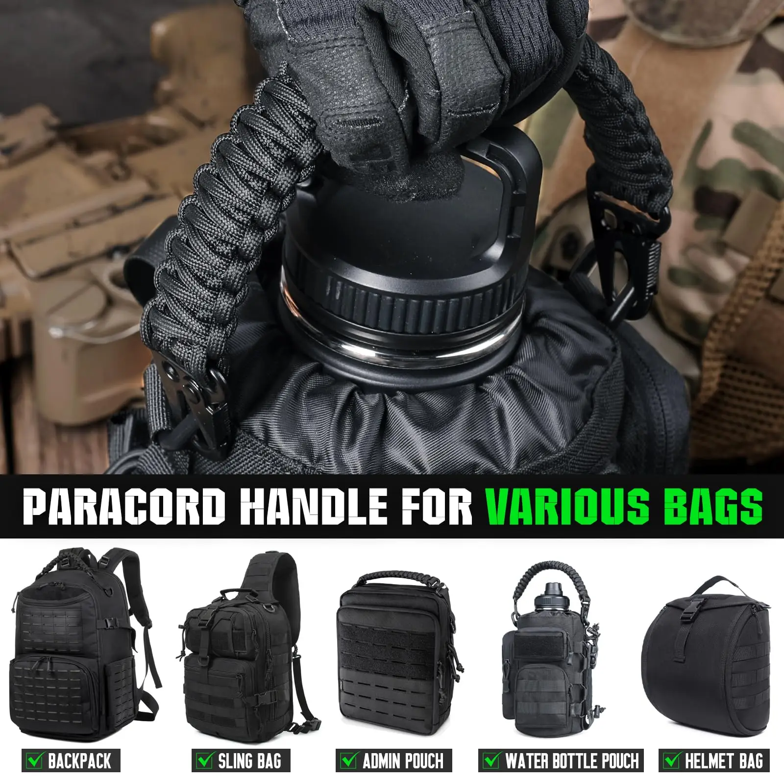 Ersatz-Paracord-Griff für Taktische Taschen, Langlebiger Gewebter Trageriemen mit Metallhaken, Universeller Molle-Rucksack-Wasserflaschenhalter – Detail 2