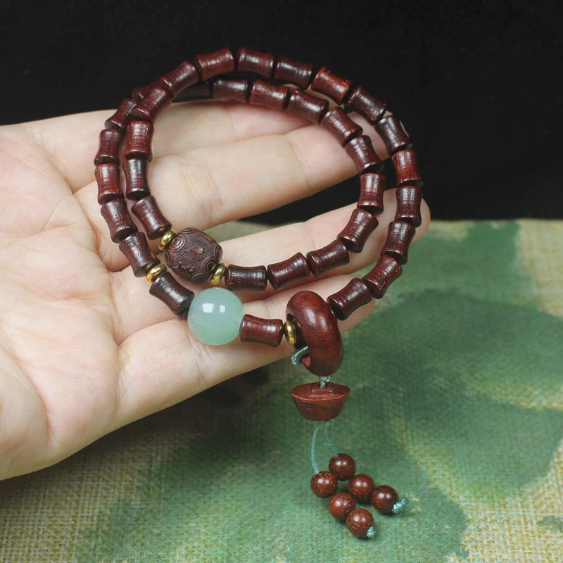 

Zambian rosewood bamboo knot double-layer bracelet with ingot pendant and Buddhist prayer beads