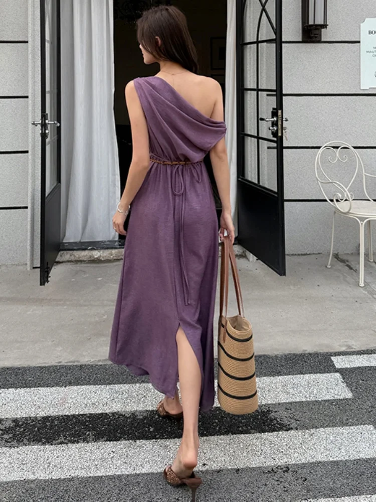 SMTHMA 2025 فستان صيفي جديد على الطراز الصيني بكتف مائل ورقبة متأرجحة للنساء مع تصميم أرجواني ساحر أنثوي فستان طويل