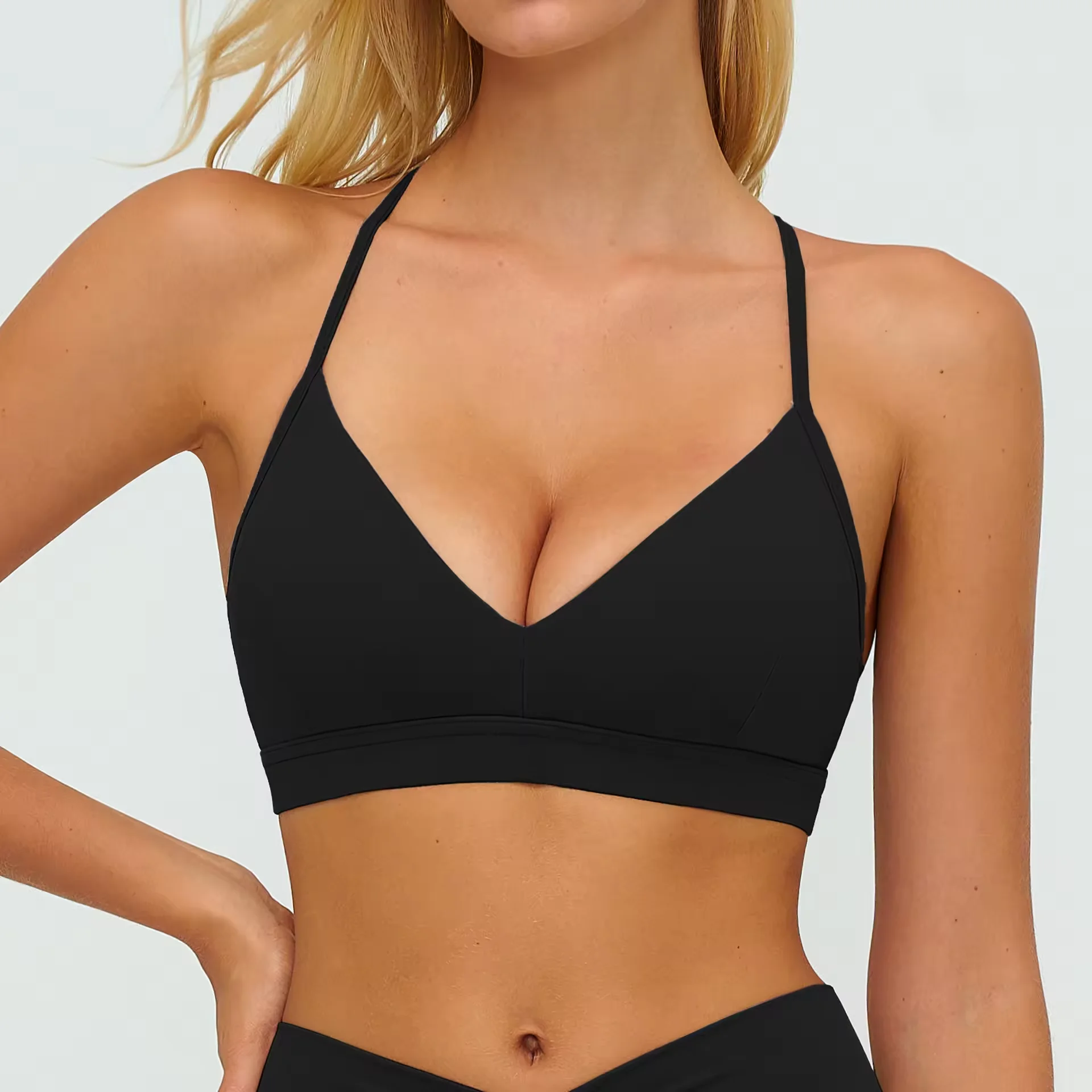 女性用調節可能なvネックyバックハイサポートパッド入り取り外し可能なカップアクティブウェアスポーツブラ（ヨガ、ランニング、フィットネス用）