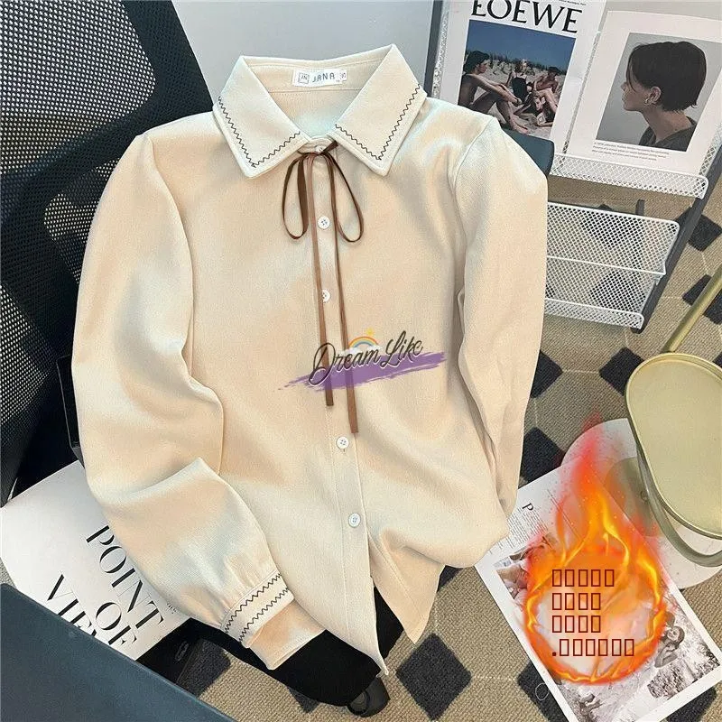 

Women's Long Sleeve Corduroy Shirt Fleece Lined Brushed Base Layer Knot Top Commute Style Collar Zipper Closure