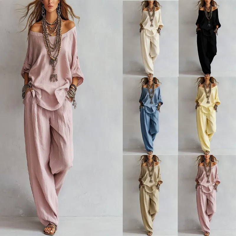 

Женский летний повседневный костюм-двойка 2026: топ с рукавом три четверти на одно плечо и широкие брюки из льна, однотонный, свободного кроя