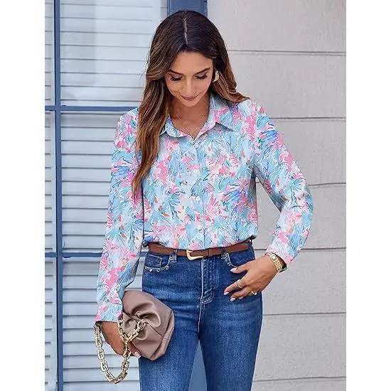 Ele dameskraag met print, lang Sve irt, slim fit, polyester spandex, mengsel, bestand tegen vervorming, lente 2025,