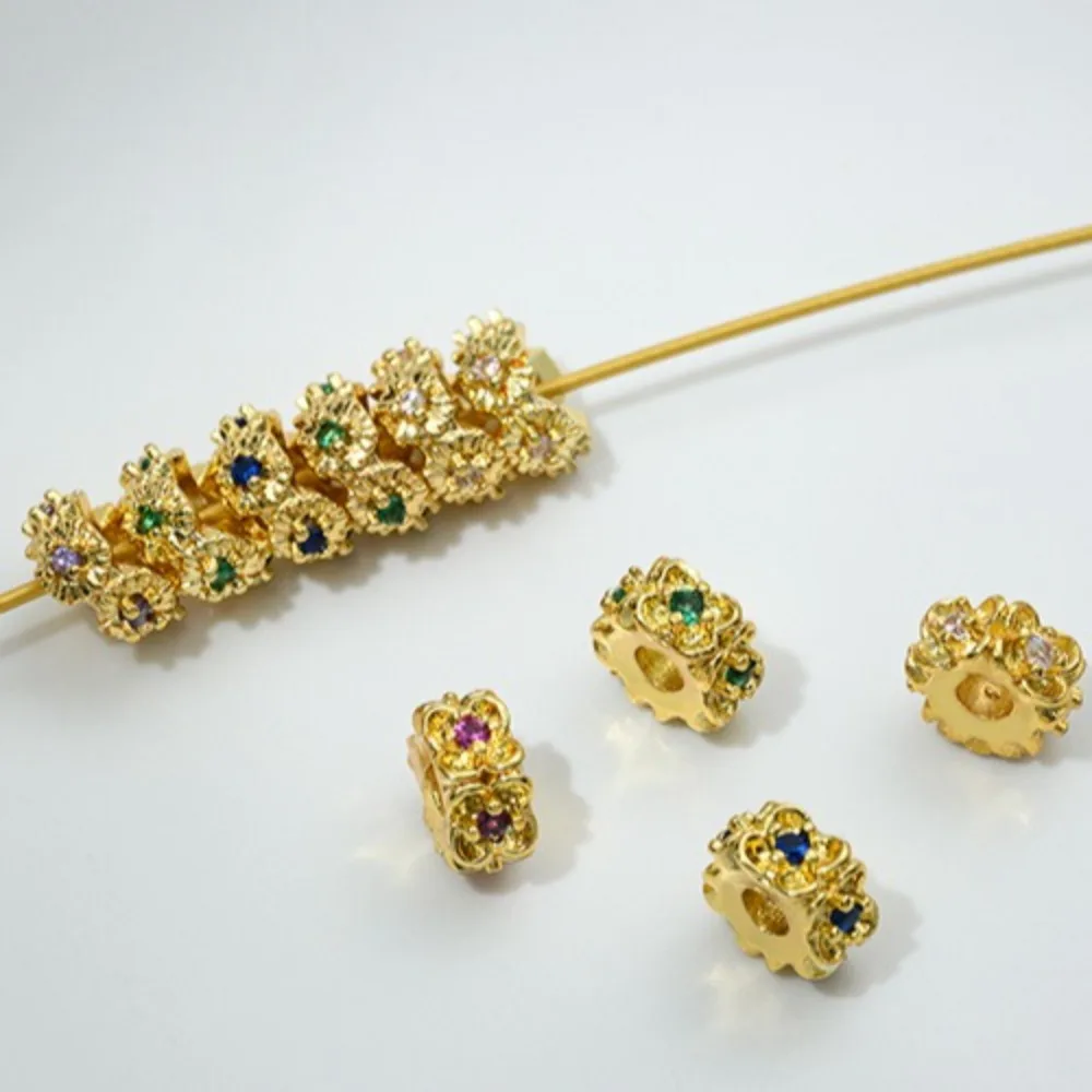 

Copper Bead 18K Gold Color Inlaid Zircon Wreath Bead Rim Small Flower Rim DIY Handmade Beaded Bracelet Accessories