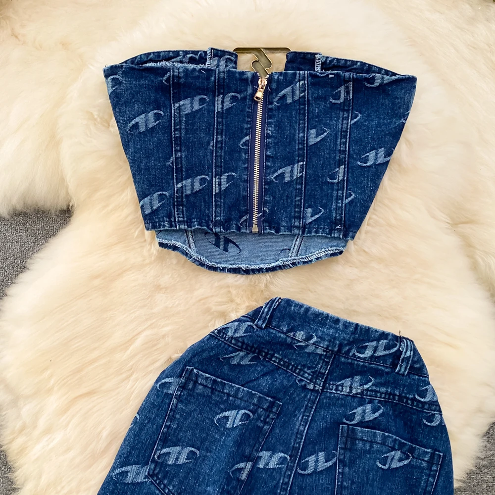 Women'S Fashion Suits Denim Sets Woman Outfits Retro Bra Denim Tank Top Two Piece Casual High Waist Slim Straight Trousers Sets