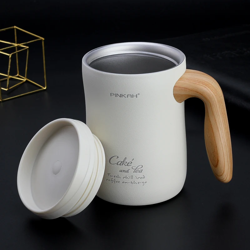 PINKAH New 316L Stainless Steel Seamless Liner Office Insulation Coffee Mug Imitation Wood Grain Handle Drinking Gift Cup