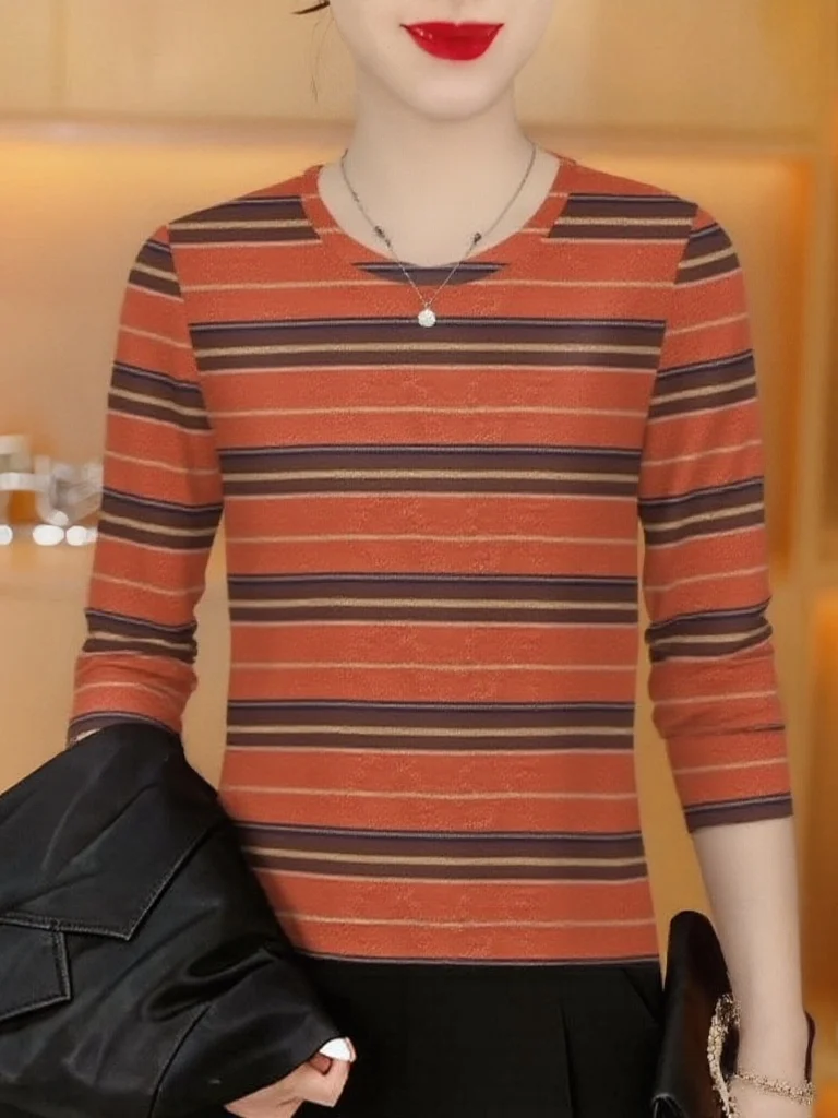 

Элегантная женская футболка в полоску с длинным рукавом и круглым вырезом, утягивающая, дышащая, теплая, из полиэфирного волокна, для мам, весна 2026