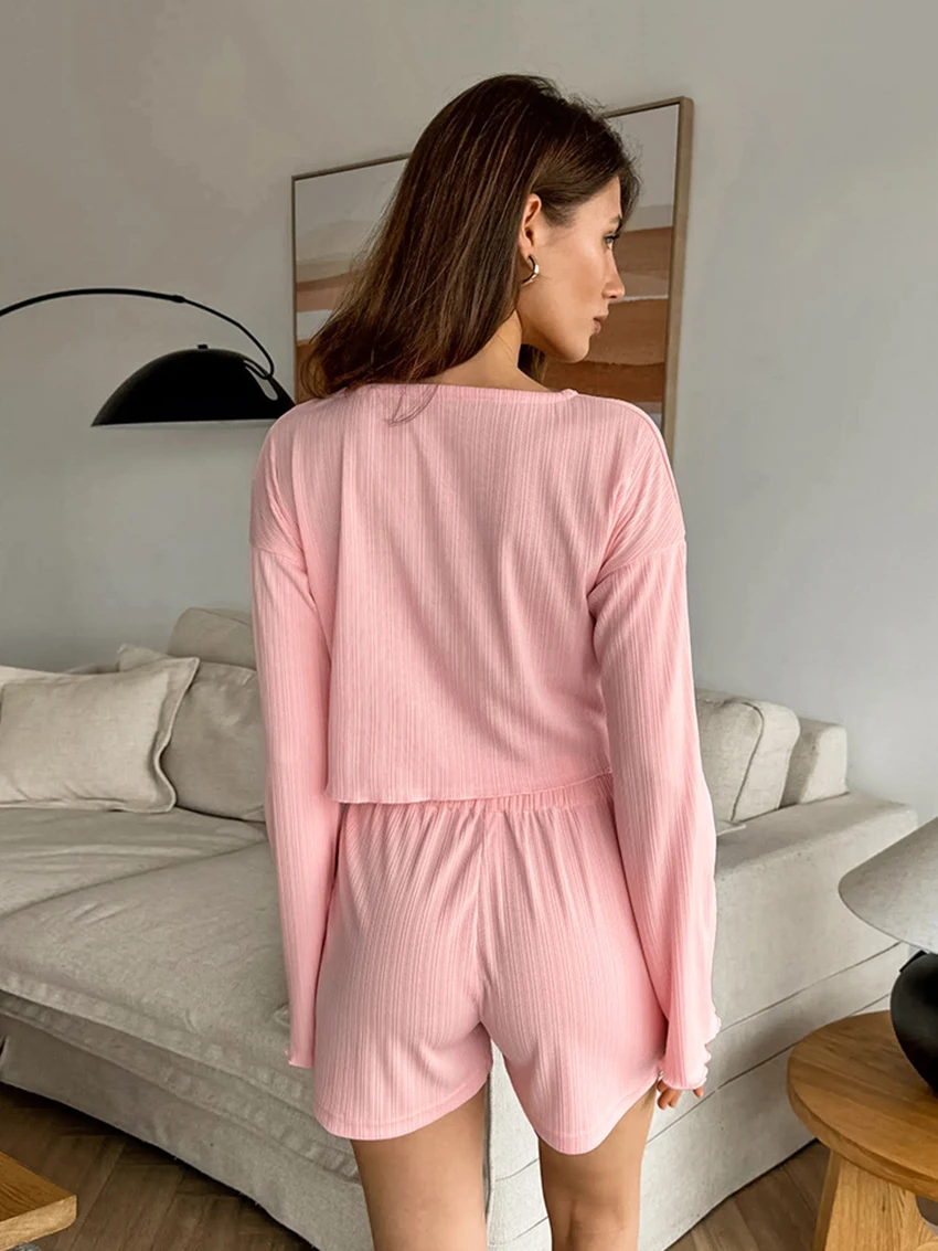 Marthaqiqi Casual Ladies Pajamas Suit O-Neck Nightie Long Sleeve Sleepwear Lace Up Sexy Crop Top Nightwear Shorts Nightgowns Set