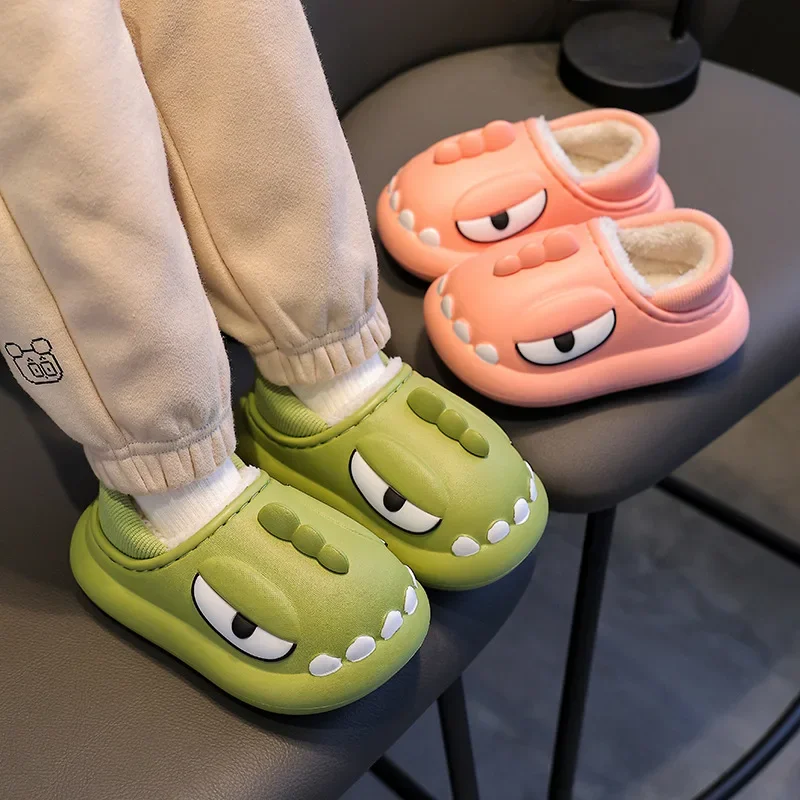 

Children Winter New Warm Cotton Slippers Boy Thick Soles Soft Indoor Shoes Girl Cartoon Dinosaur Heel Warp Home Kid Cotton Shoes