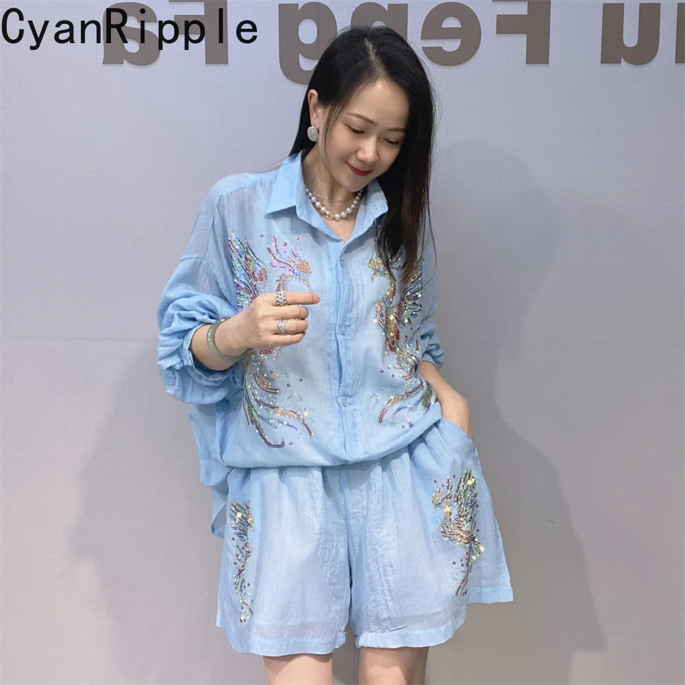 

Новинка 2026: Летний женский комплект из хлопка и льна с кардиганом с длинным рукавом и стразами + повседневные шорты с широкими штанинами на резинке