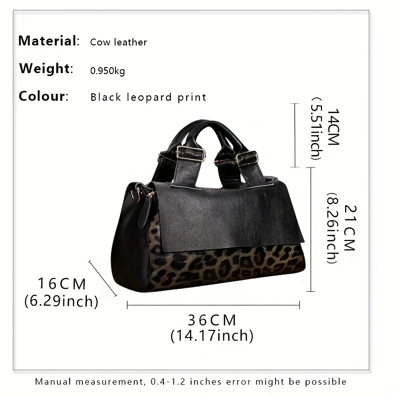 Leopard Pattern Flap Handbag, Double Handle Large Capacity Portable Soft Genuine Leather Stylish Packing Bag