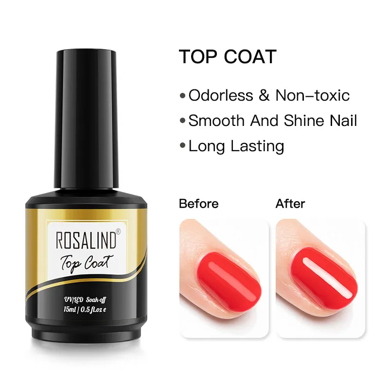 ROSALIND 15Ml Top Coat Gel UV กึ่งถาวรโคมไฟ LED Soak Off เล็บยาวนานการตกแต่งศิลปะเล็บภาษาโปลิชคำ Top Coat