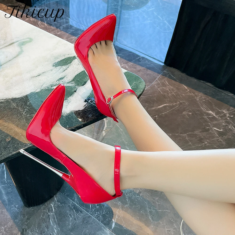 Tikicup Sexy Metal Stiletto 16cm Extreme High Heels Women Red Patent Slingbacks Pumps Fetish Ankle Strap Unisex Shoes Crossdress