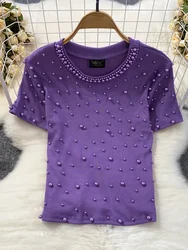 2024 French Elegant Beaded T-Shirt Women Summer New High Quality Purple Round Neck  Slim-Fit Trendy Sweet Short-Sleeved Top Tees