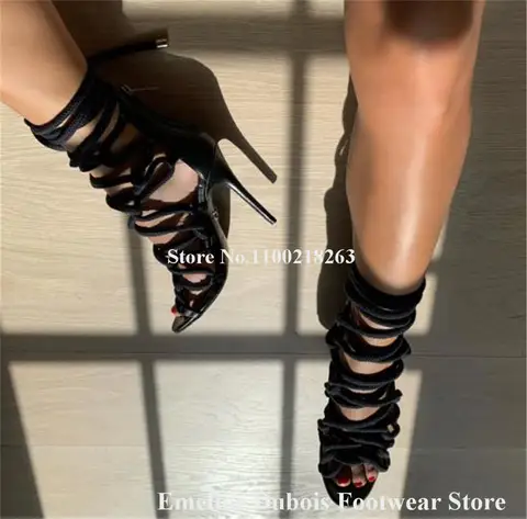 Sexiga Rep Gladiatorsandaler Emeline Dubois Öppen Tå Rosrosa Tjocka Band Stilettklackar Klackskor Snörning Festpumps 6 best sales rosa klackar - №3