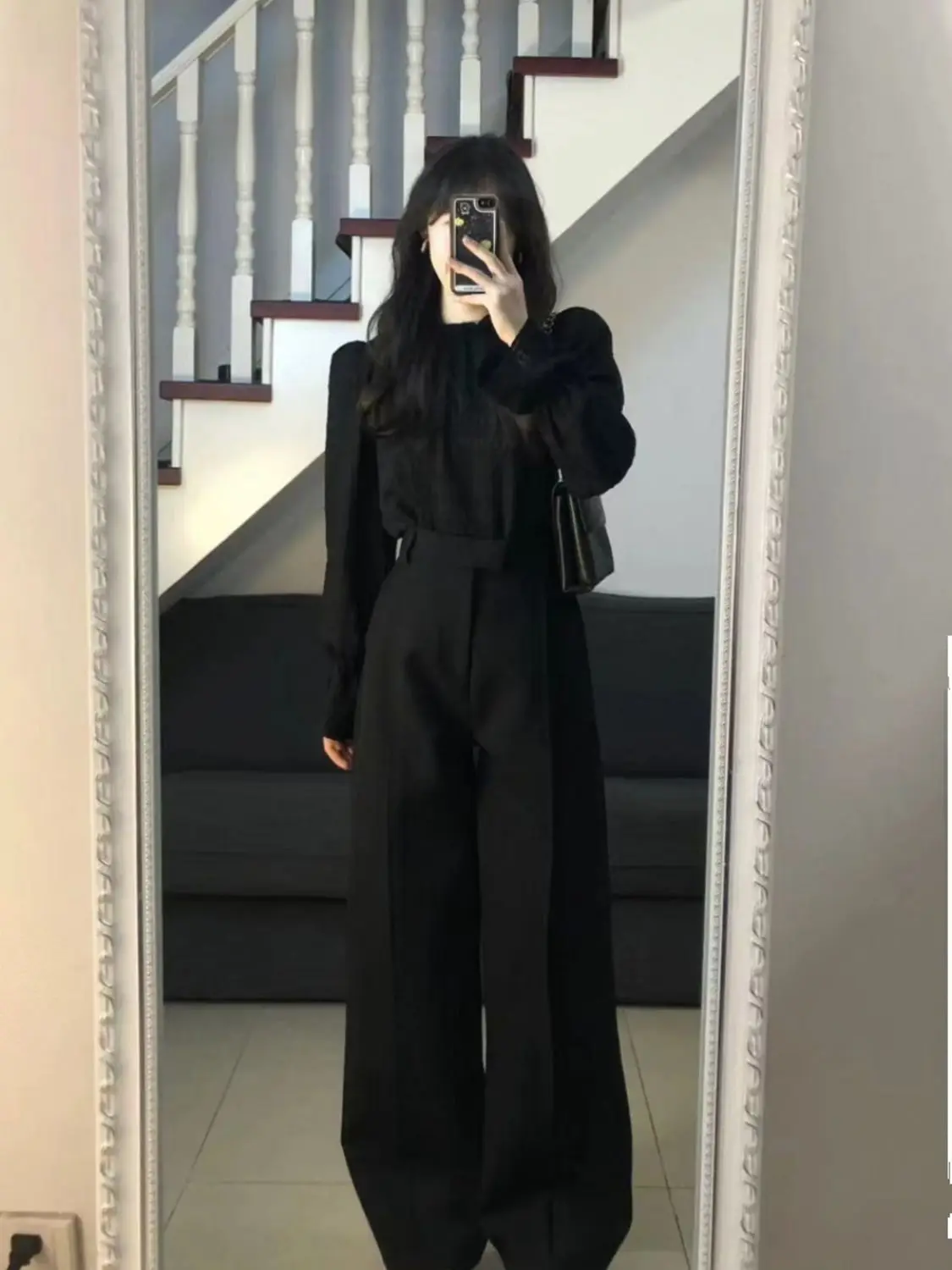 Black Two Piece Sets Women Outifits 2024 Autumn New Long Sleeve O Neck Cropped blouse + High Waisted Wide Leg Pant Suits