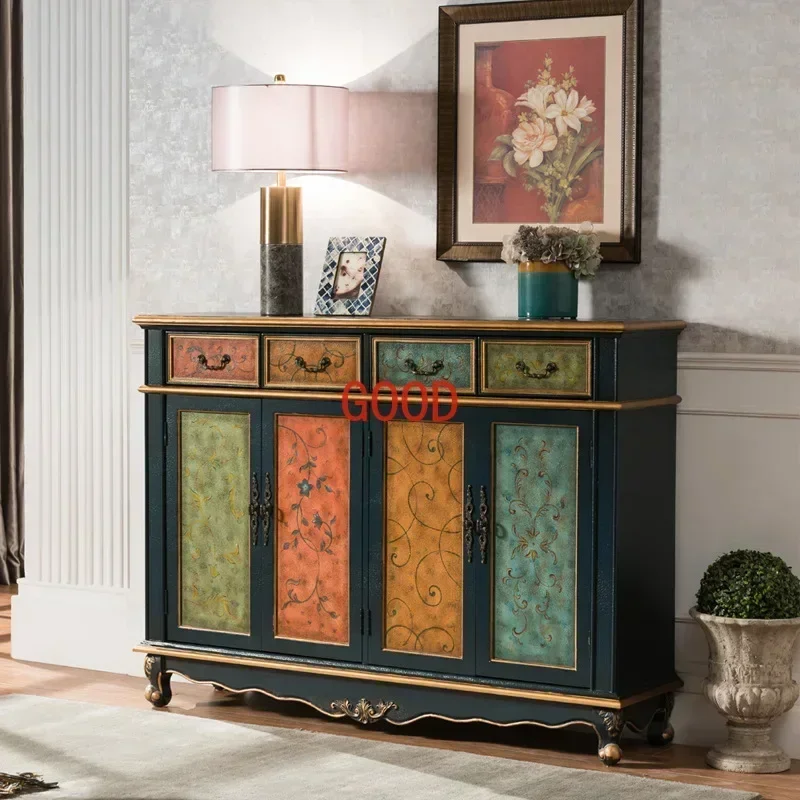 Large Capacity Four-Drawer Four-Door Blue Locker Vintage Painted Furniture