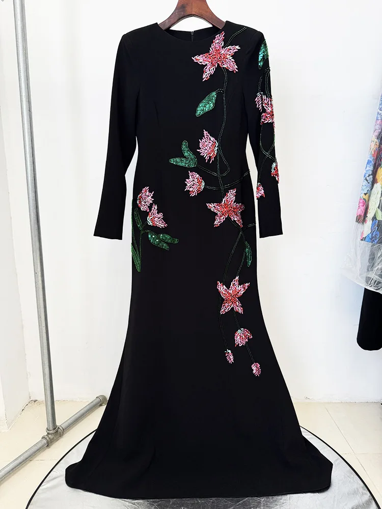 TOP QUALITY Newest Fashion 2025 Designer Party Vestido Women's Flowers Diamonds Beaded Slit Sleeve Long Maxi Dress