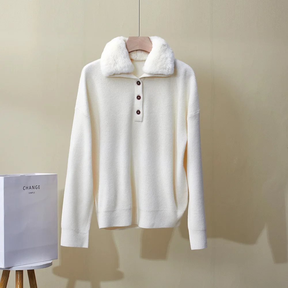 Sweater Kasmir Musim Dingin Kerah Bulu Lepas Model Longgar Serbaguna Rajutan Tebal